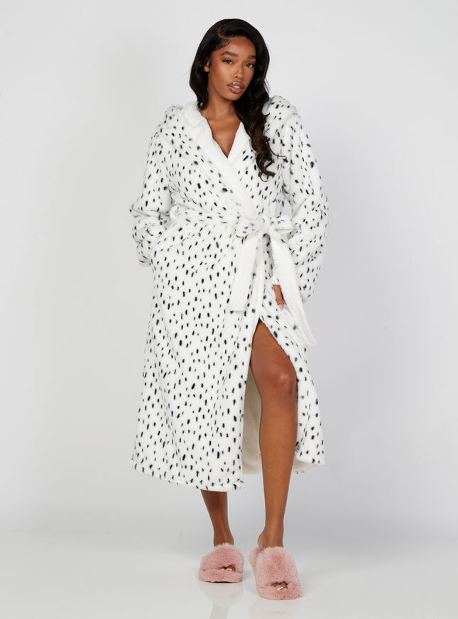 Fluffy dalmation print long dressing gown