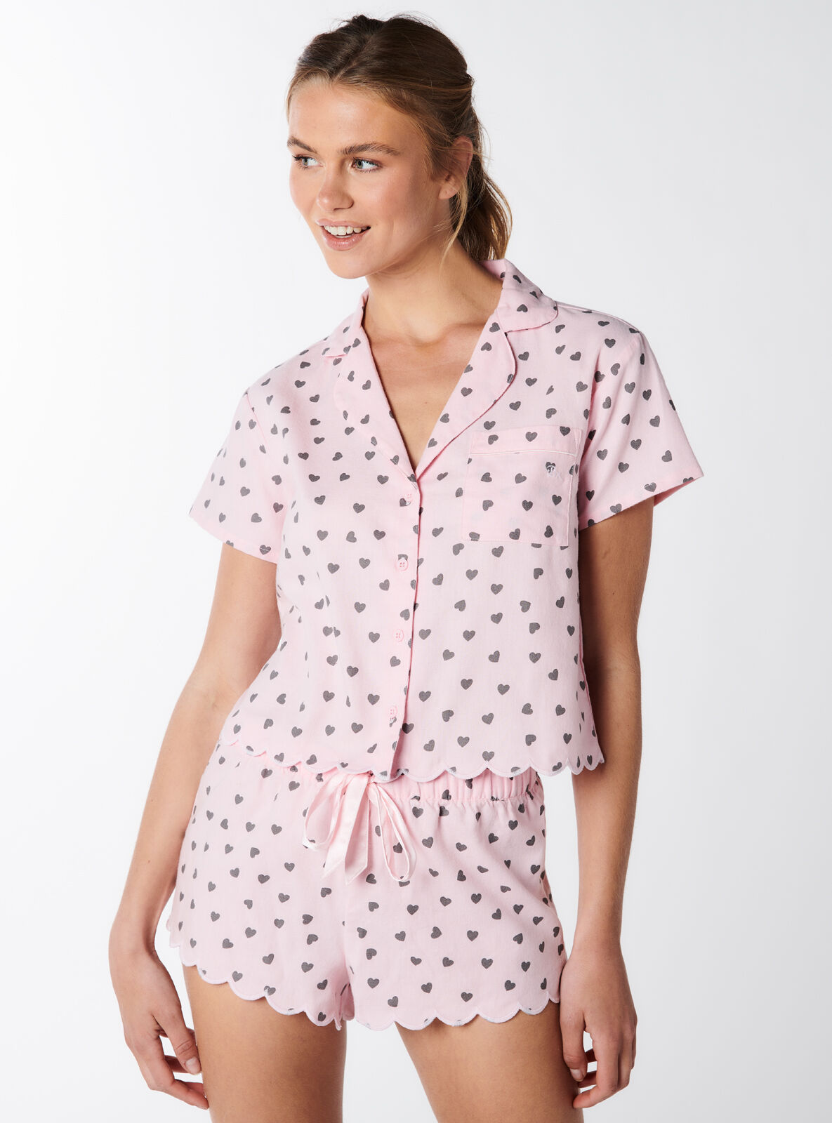 Boux Avenue Heart scallop cotton short pyjama set - Pink Mix - 12