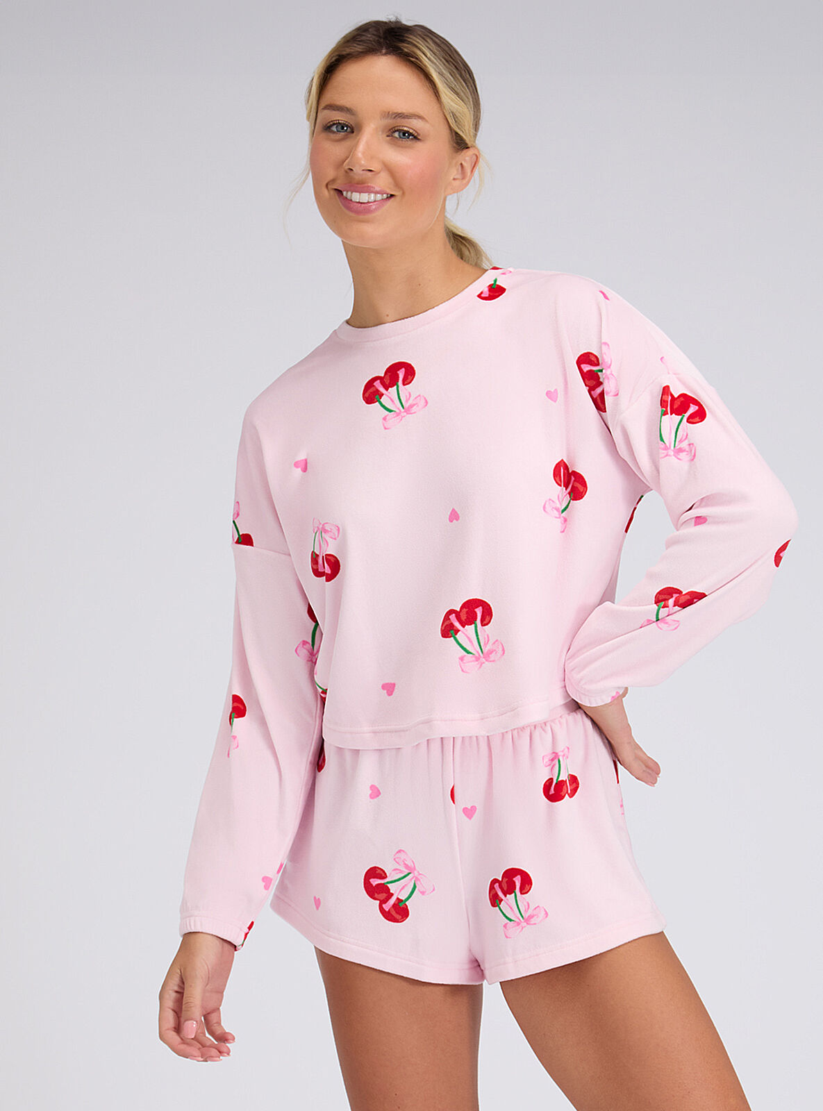 Boux Avenue Cherry velour short pyjama set - Pink Mix - 06