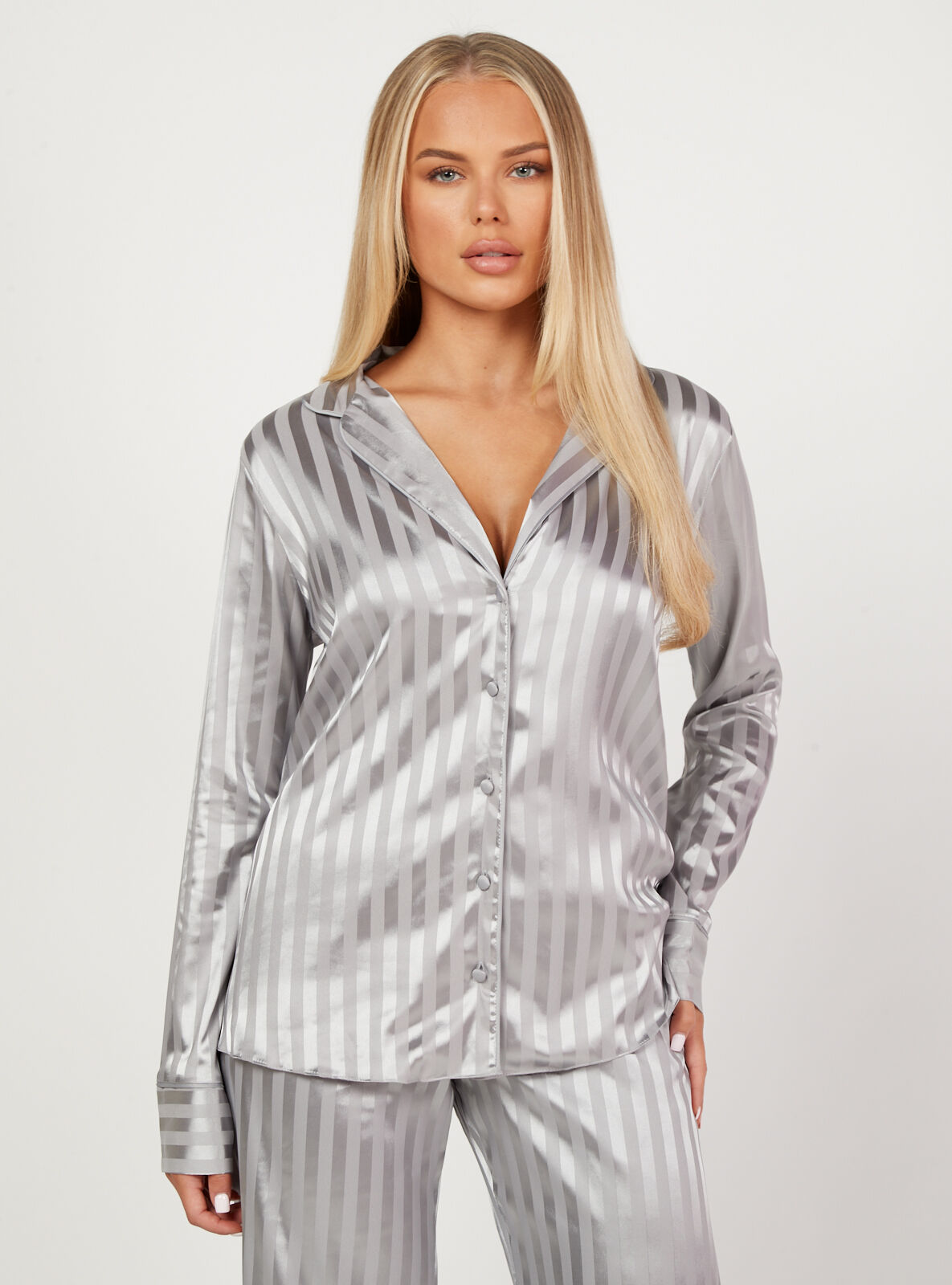 Boux Avenue Stripe jacquard satin revere shirt - Grey Mix - 08