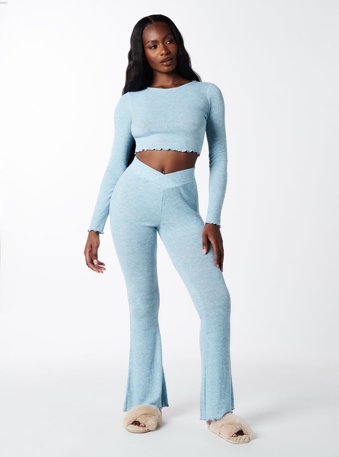 Leila ribbed v-front flared trousers, Light Blue