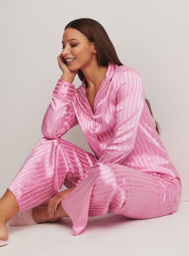 Stripe satin pyjama shirt | Candy Pink | Boux Avenue UK