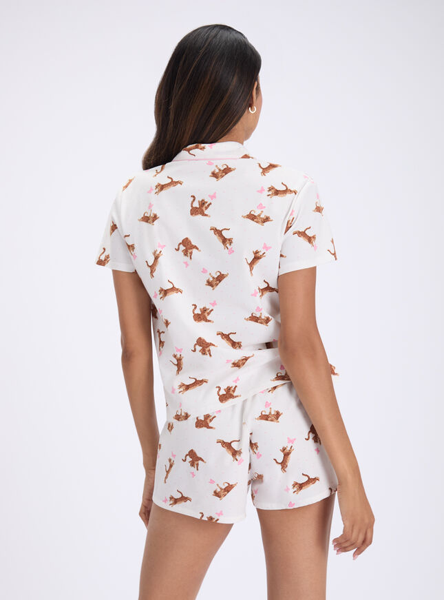 Cat print fleece pyjama shorties in a bag