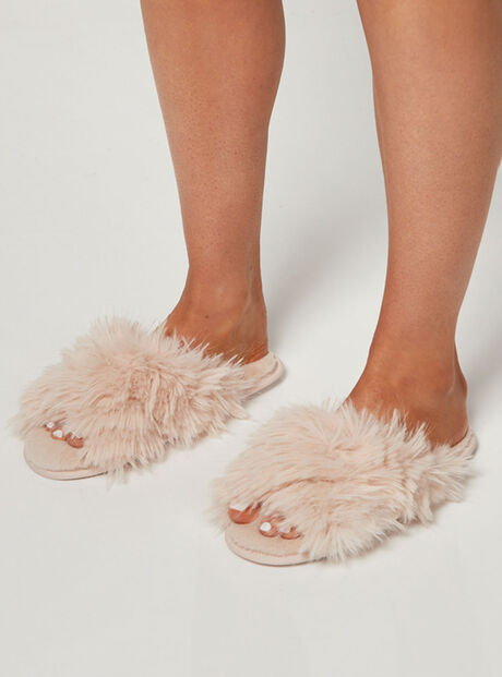 Feather fur cross band slider slippers