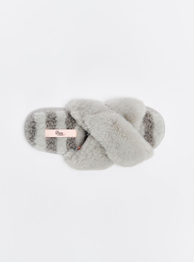 Borg stripe cross band slider slippers