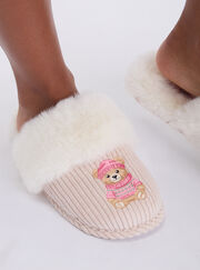 Teddy embroidered fluffy mule slippers