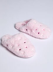 Teddy fleece heart embroidered mule slippers
