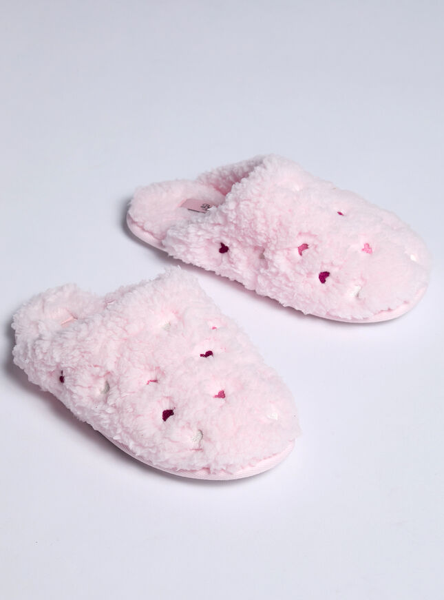 Teddy fleece heart embroidered mule slippers