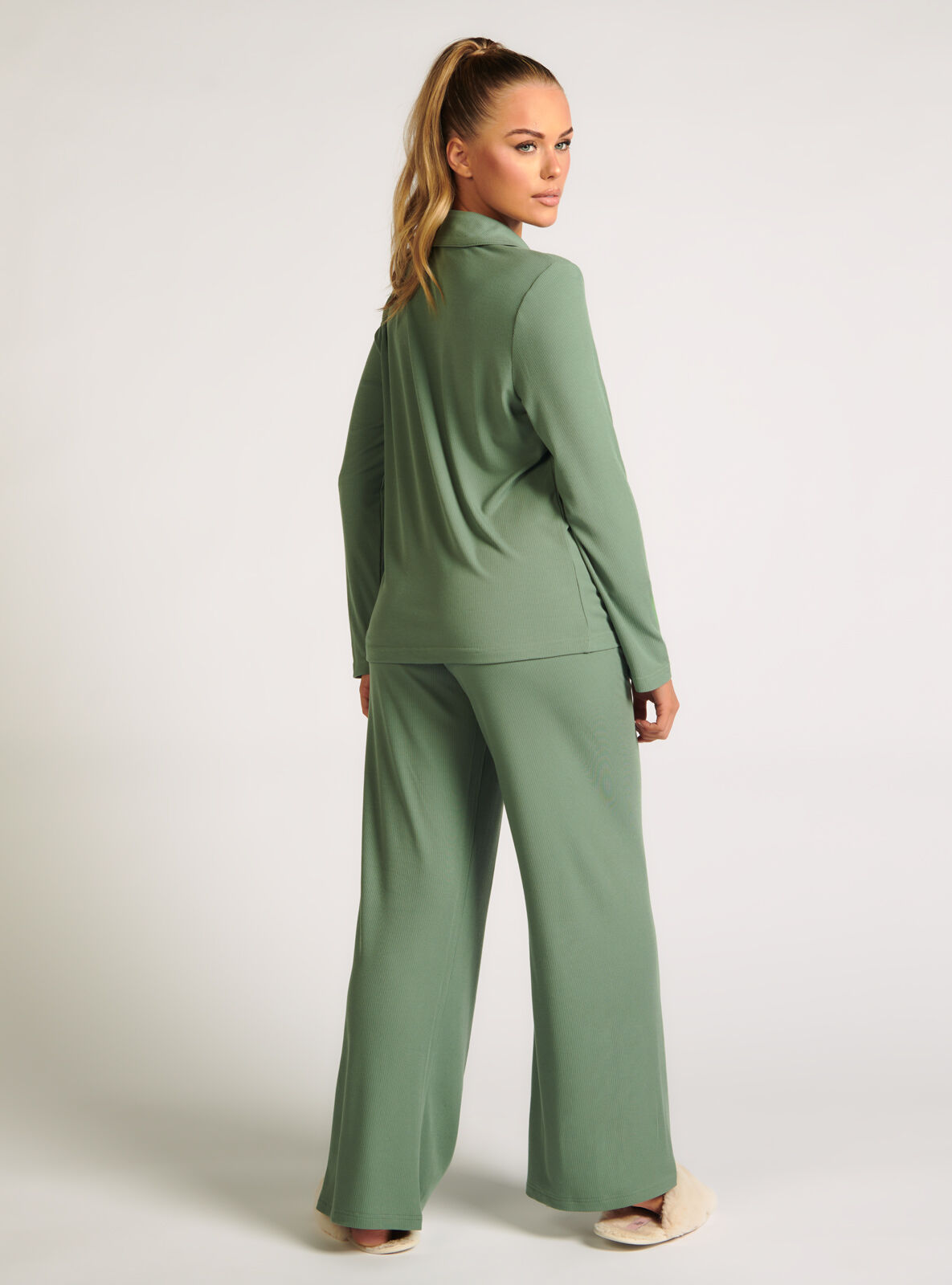 Ribbed modal wide leg pyjama trousers Khaki Boux Avenue UK