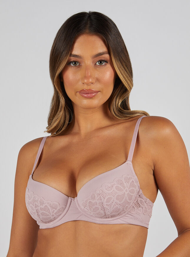 Boux Lounge ribbed and lace balconette bra, Lilac
