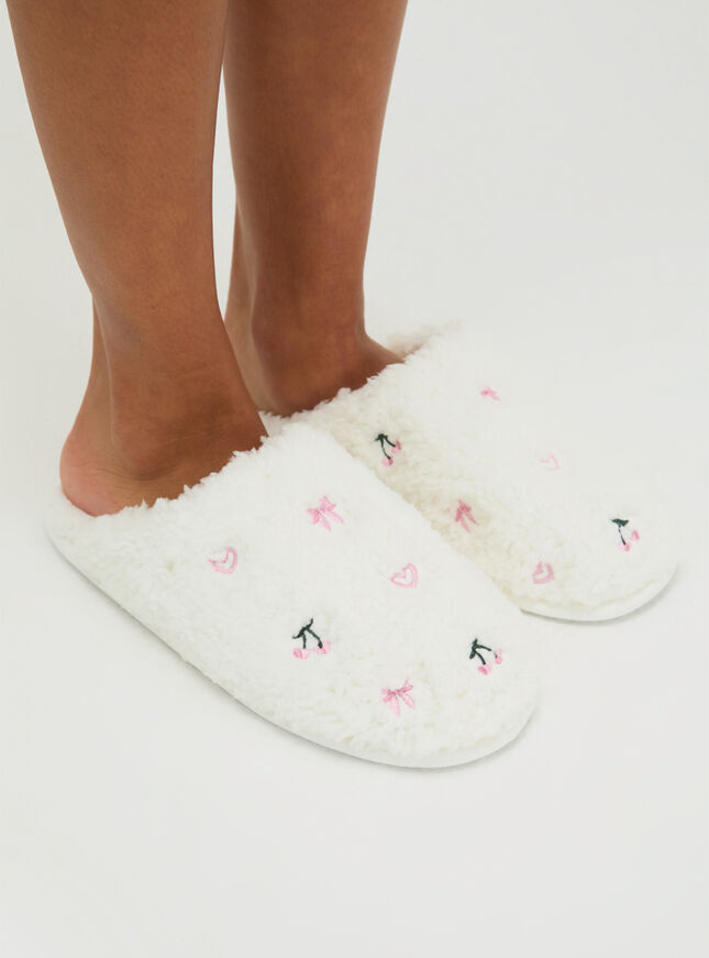 Bow & cherry teddy fleece mule slippers