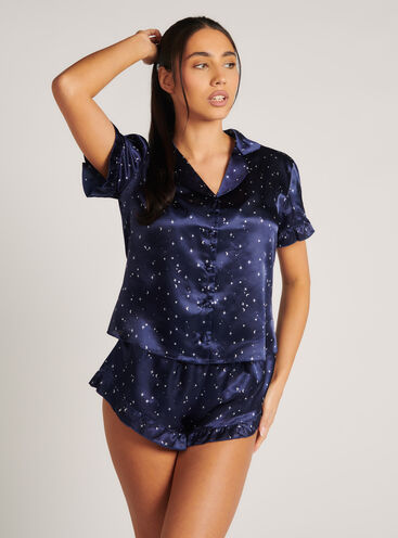 Star and moon print satin short pyjama set