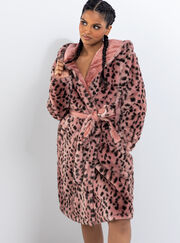 Fluffy cheetah print midi dressing gown