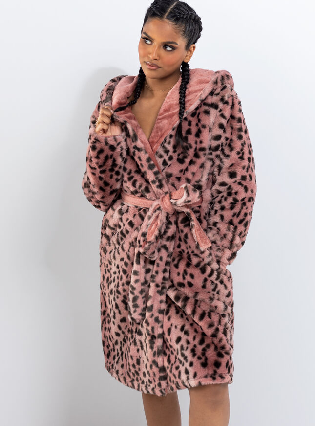 Fluffy cheetah print midi dressing gown