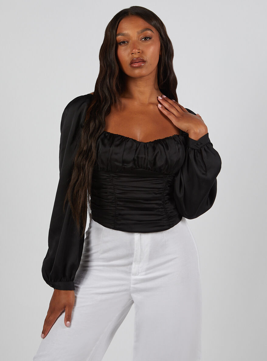 Boux Avenue Ruched long-sleeve corset top - Black - 16