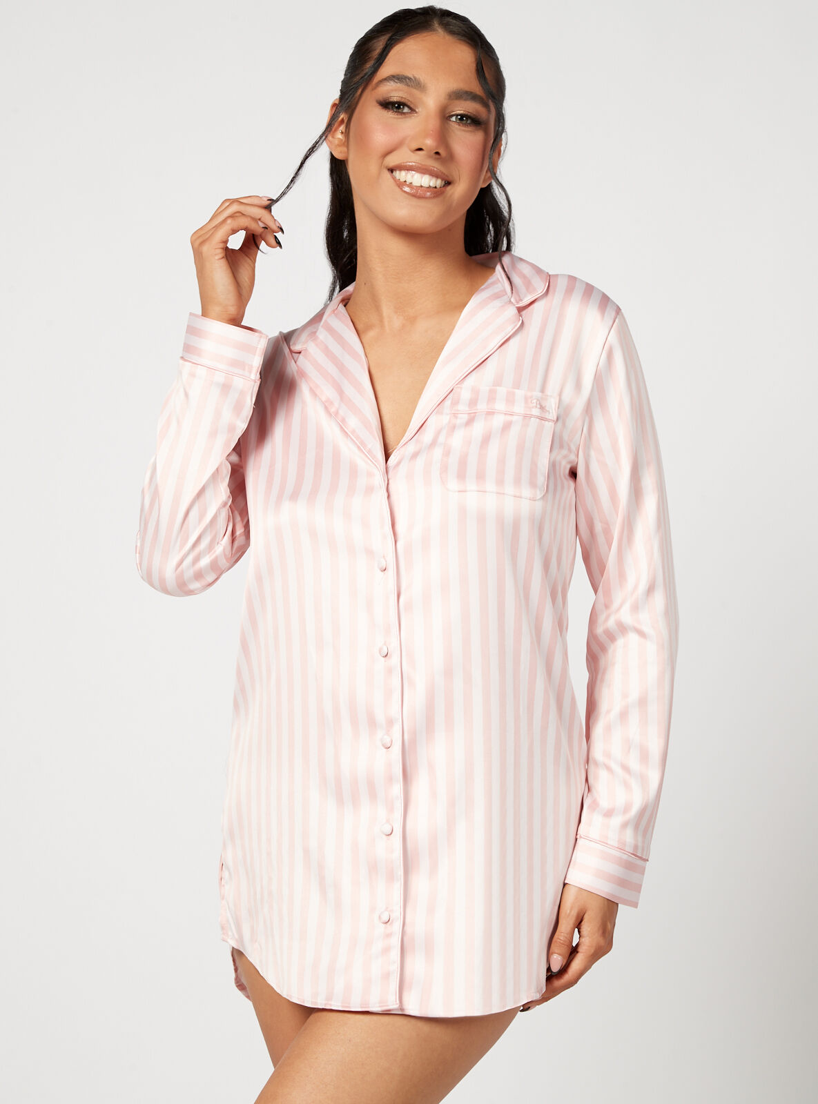Boux Avenue Long-sleeve stripe satin nightshirt - Pink Mix - 06