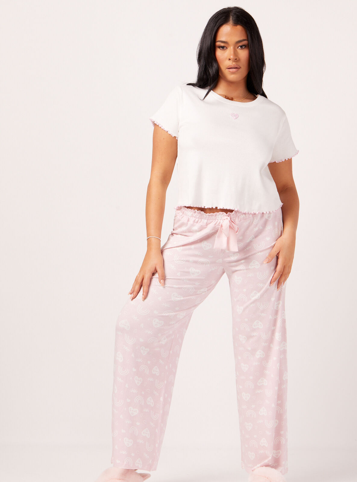 Boux Avenue Ribbed T-Shirt and Tattoo Print Cotton Women's Pyjama Set - Ivory Mix - 10