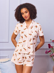 Cat print fleece pyjama shorties in a bag