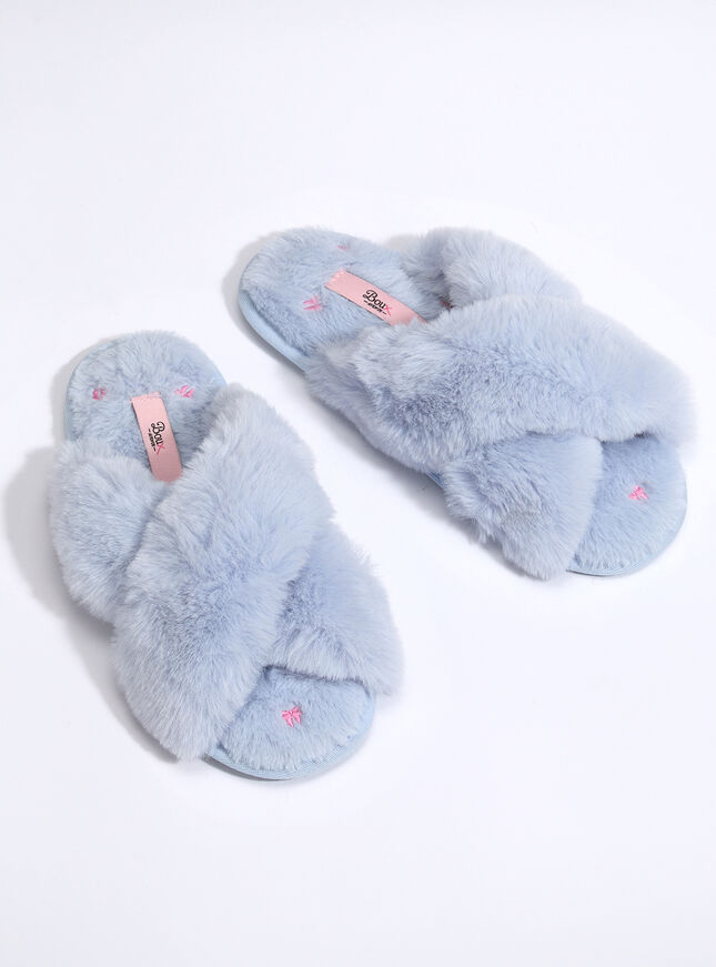 Bow embroidered cross band slider slippers