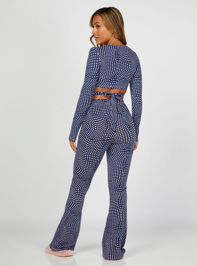 Wavy spot wrap top and flare pants set