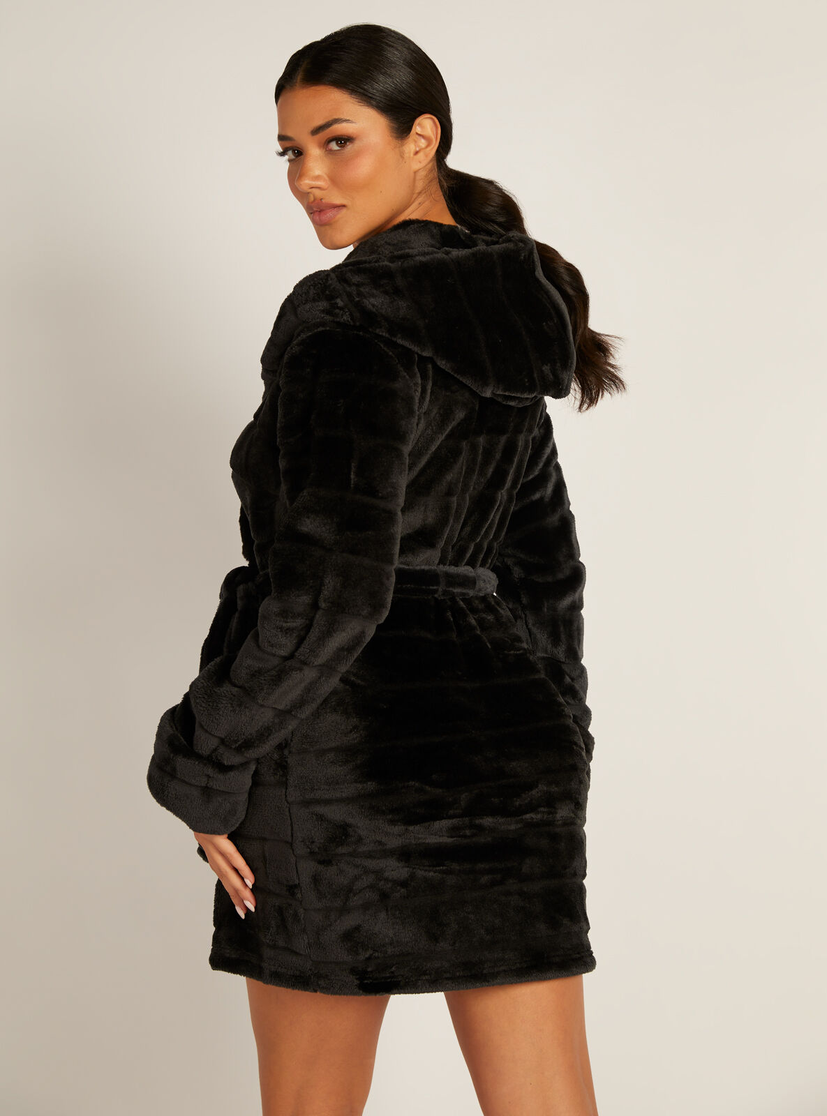 Fluffy cut fur short dressing gown | Black | Boux Avenue USA