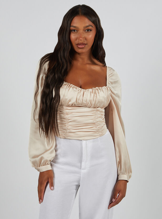 Ruched long-sleeve corset top, Champagne