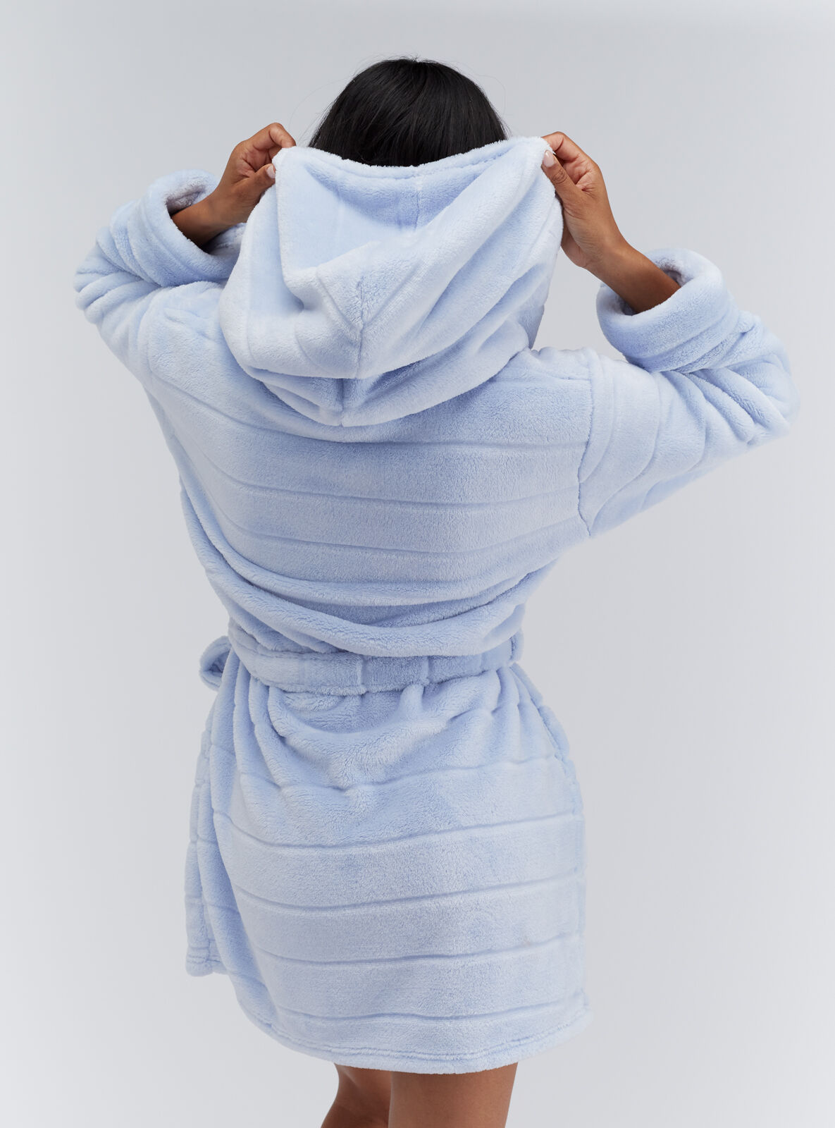 Fluffy striped short dressing gown | Dove Blue | Boux Avenue UK