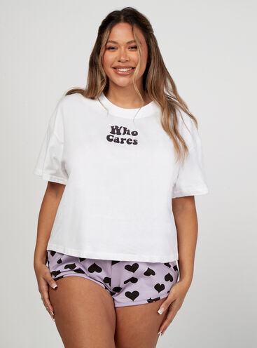 Who cares slogan t-shirt and shorts pyjama set