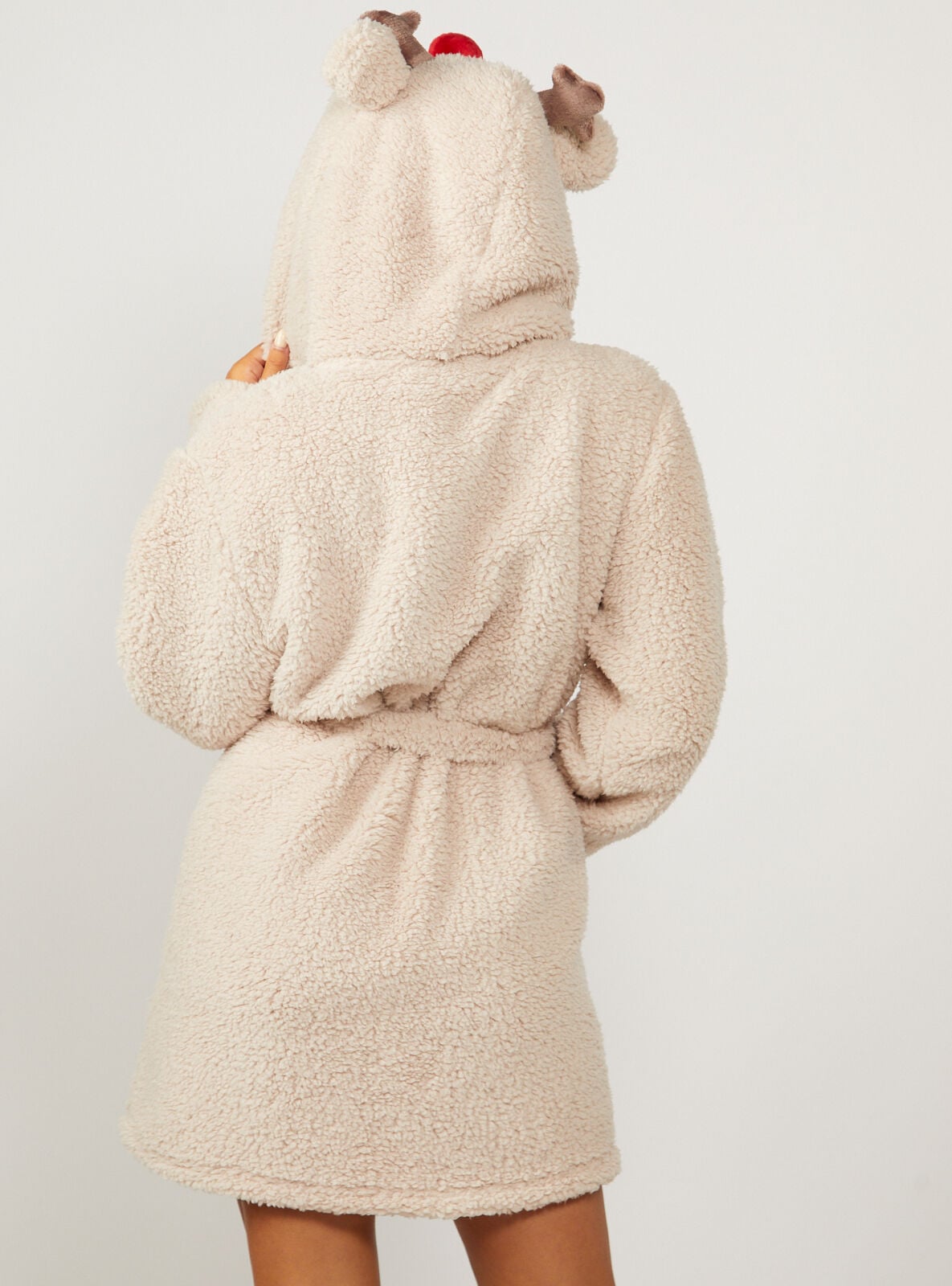 Hooded reindeer borg short dressing gown | Oatmeal | Boux Avenue USA