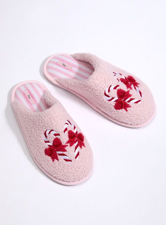 Candy cane embroidered mule slippers