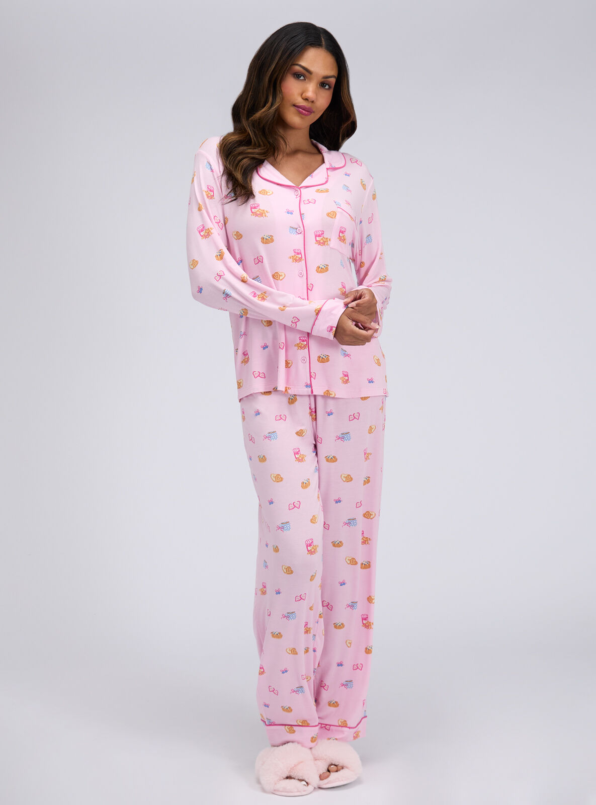 Breakfast print modal long pyjama set | Pink Mix | Boux Avenue UK