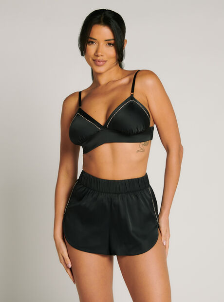 Diamante satin pyjama shorts, Black