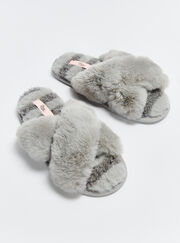 Borg stripe cross band slider slippers