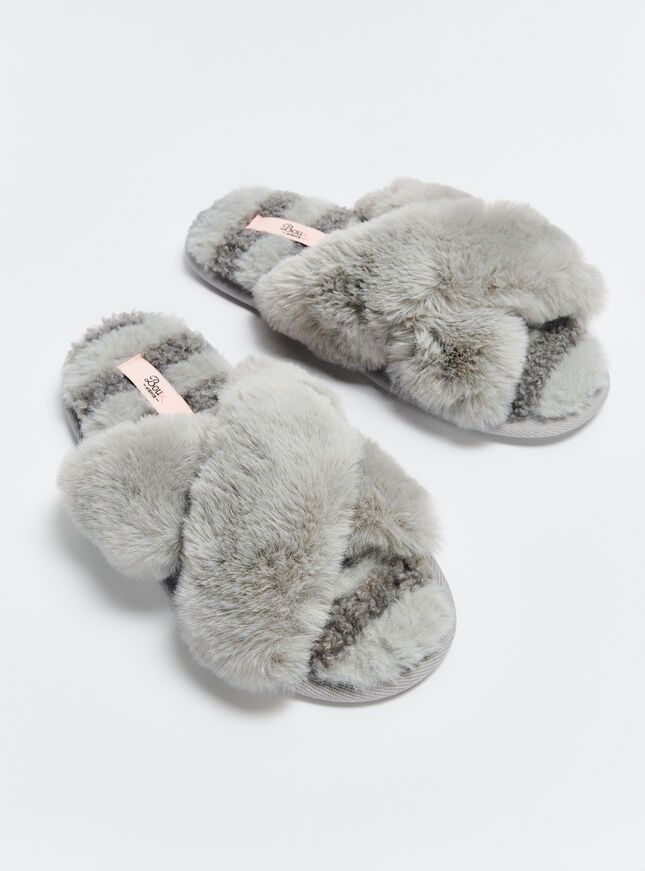 Borg stripe cross band slider slippers