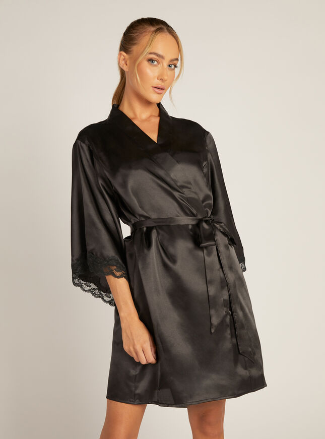Amelia satin short robe | Black | Boux Avenue UK