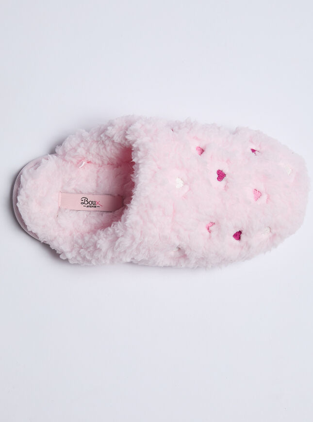 Teddy fleece heart embroidered mule slippers