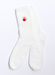 Floral embroidered fluffy ankle socks