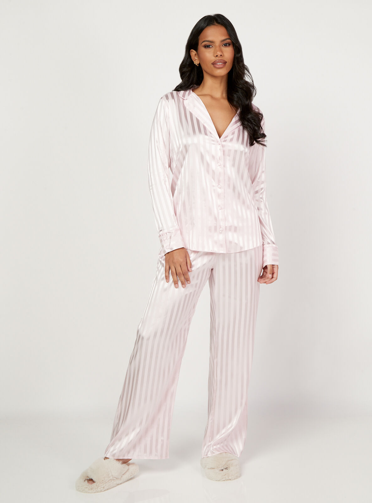 Boux Avenue Stripe jacquard satin wide trousers - Light Pink - 18