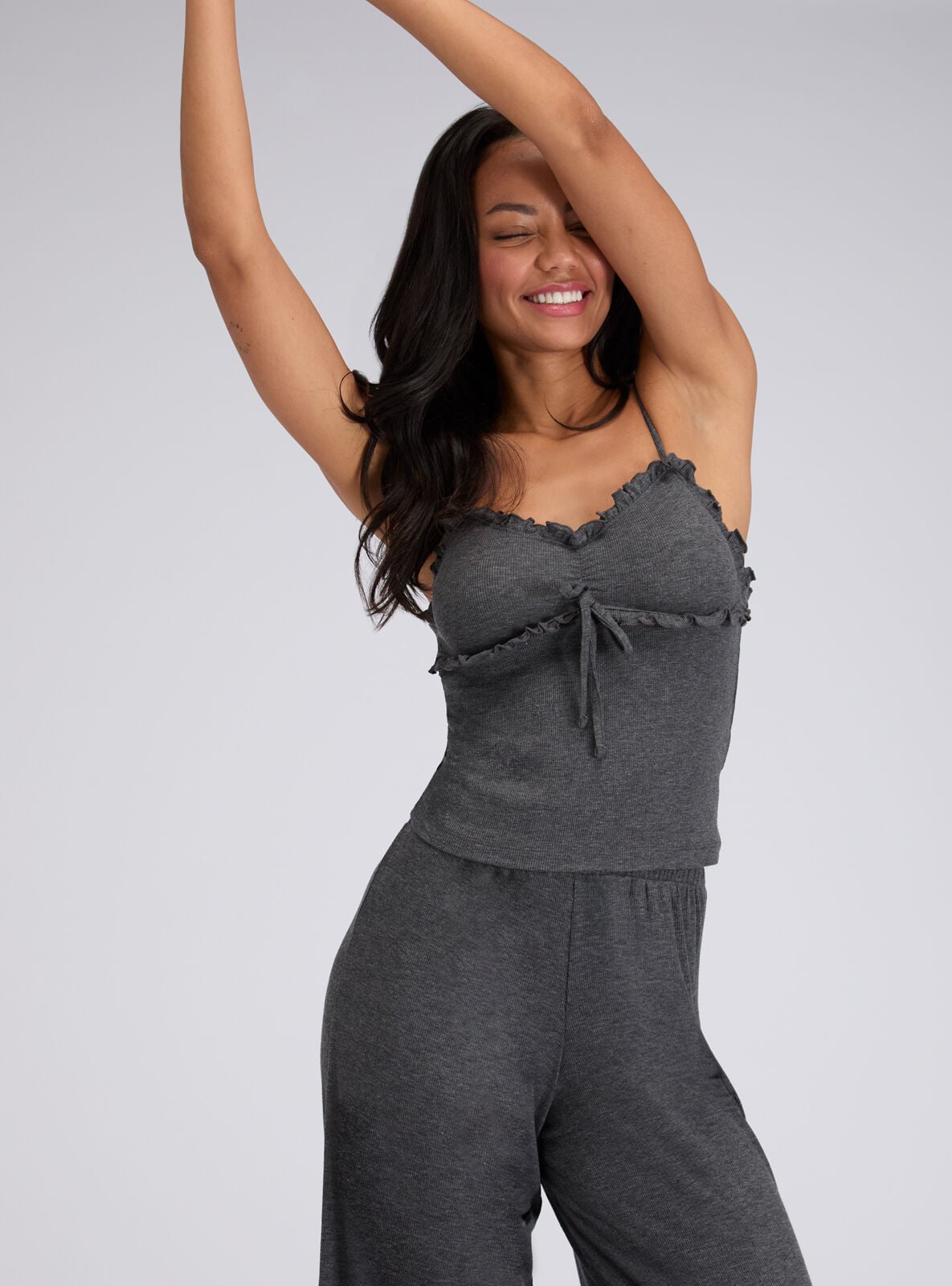 Frill ribbed cami pyjama set | Charcoal | Boux Avenue UK