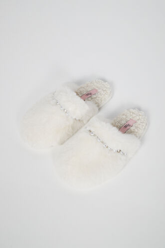Embellished borg mule slippers