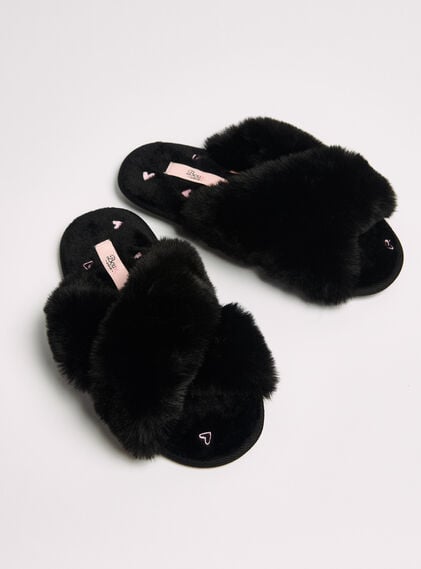 Heart embroidered cross band slider slippers