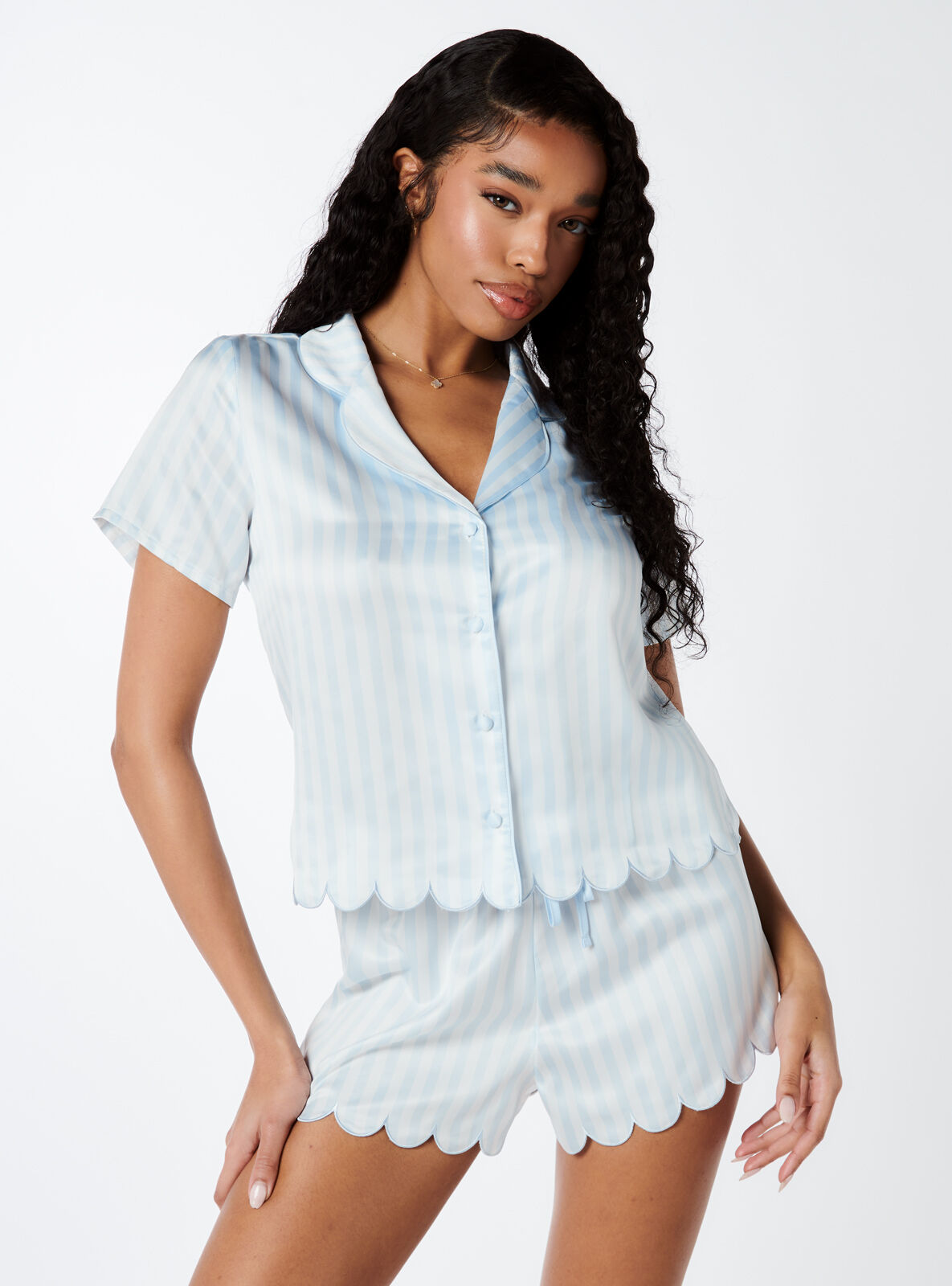 Boux Avenue Scallop stripe satin short pyjama set - Powder Blue - 18
