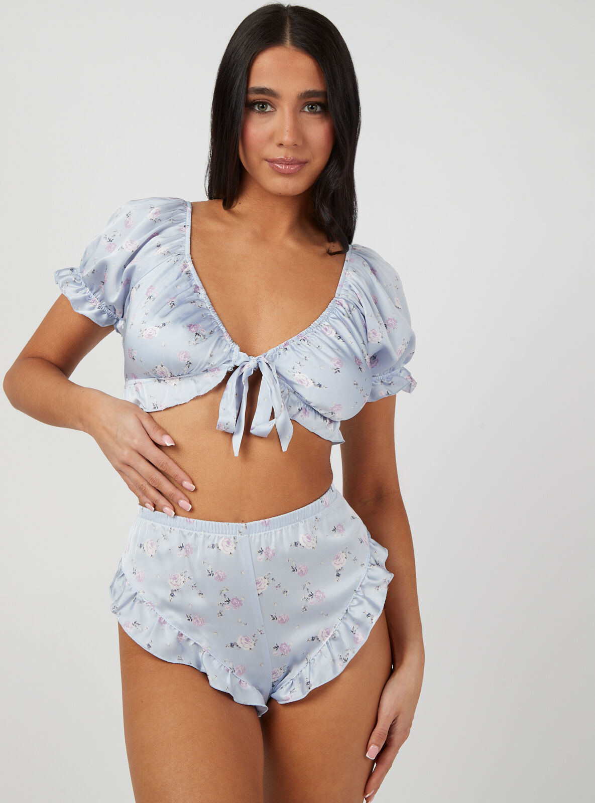 Boux Avenue Ditsy frill tie top and shorts set - Powder Blue - 18