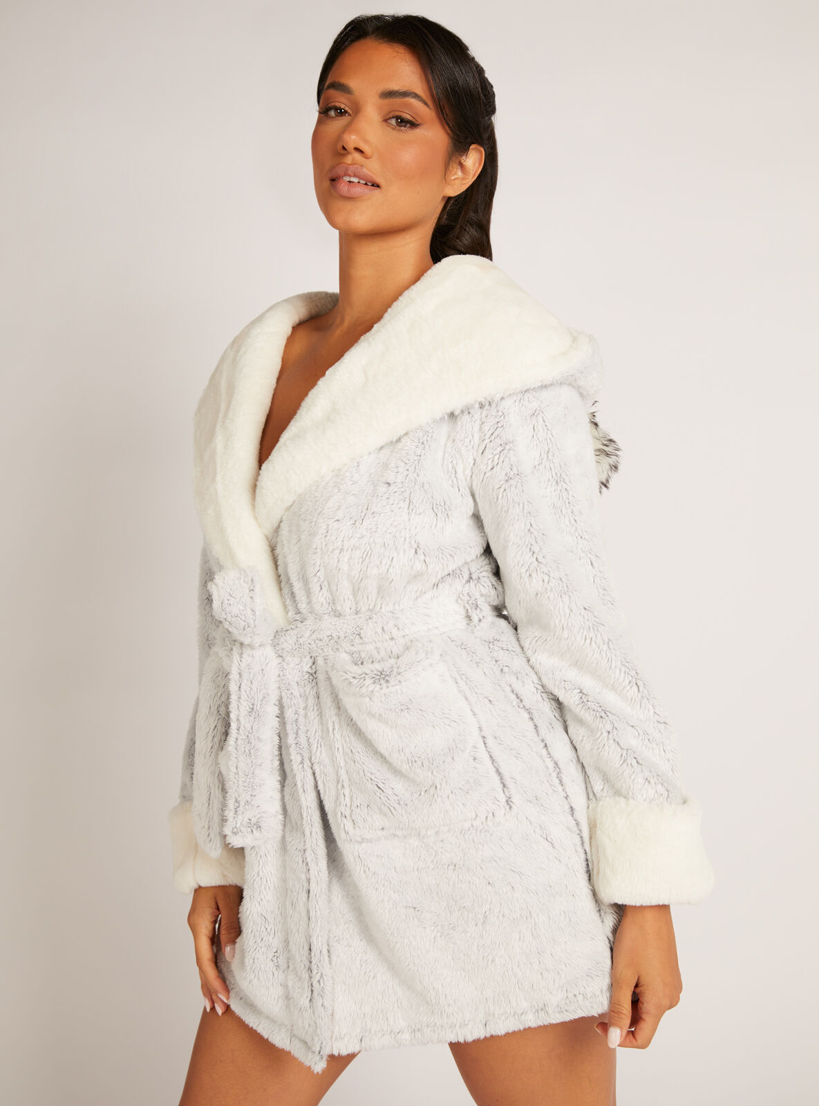 short white fluffy dressing gown Ailaofu Womens Terry Home Cloth Bathrobe Short Sleeve Tie Waist Spa Hotel Dressing Gown Short Soft Plush Robes, Women's, Size: Large