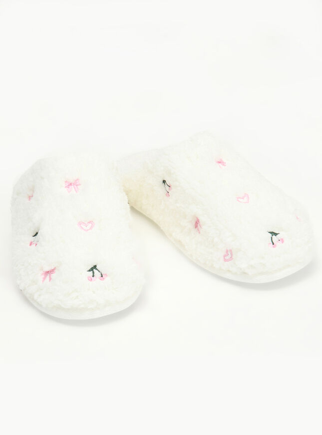 Bow & cherry teddy fleece mule slippers