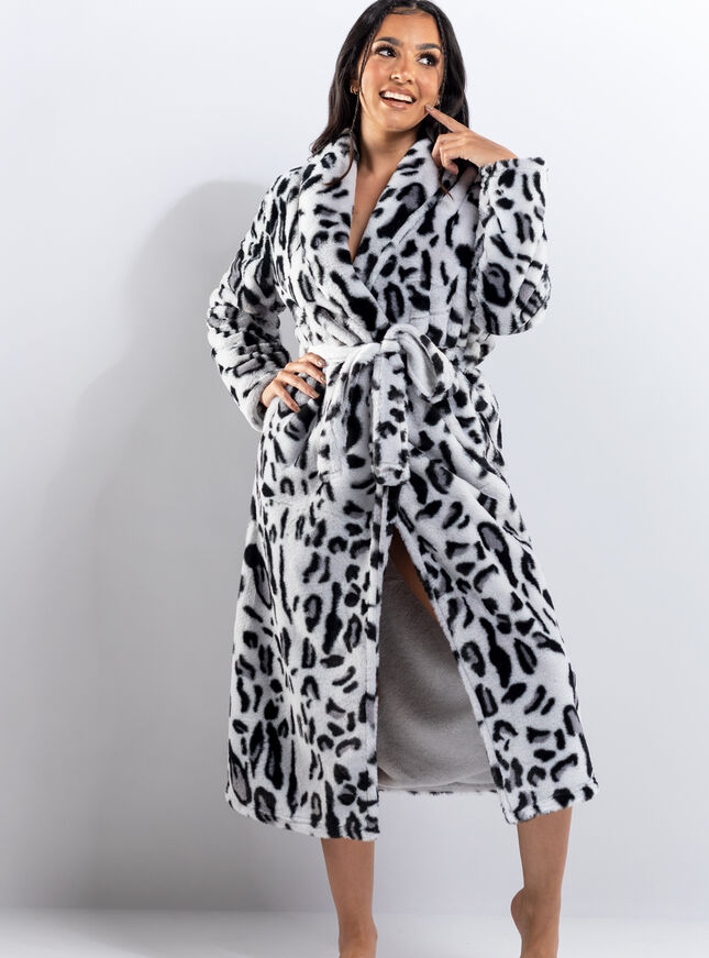 Leopard print long dressing gown | Grey Mix | Boux Avenue UK