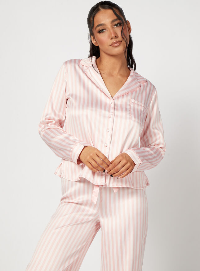 Pink stripe satin revere pyjama set