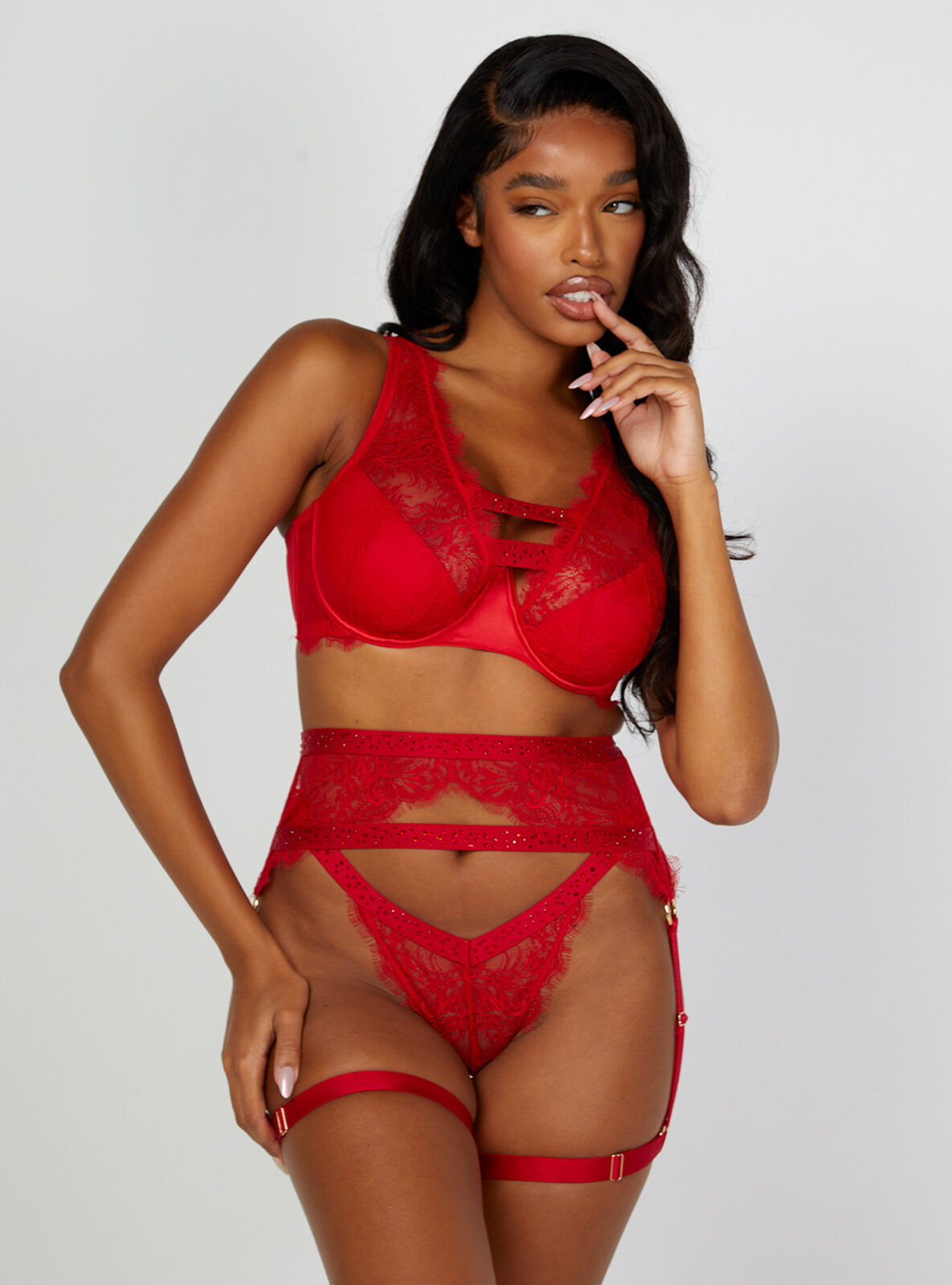 Boux Avenue Red/Black Underwire Padded Sexy Lace Overlay Harness