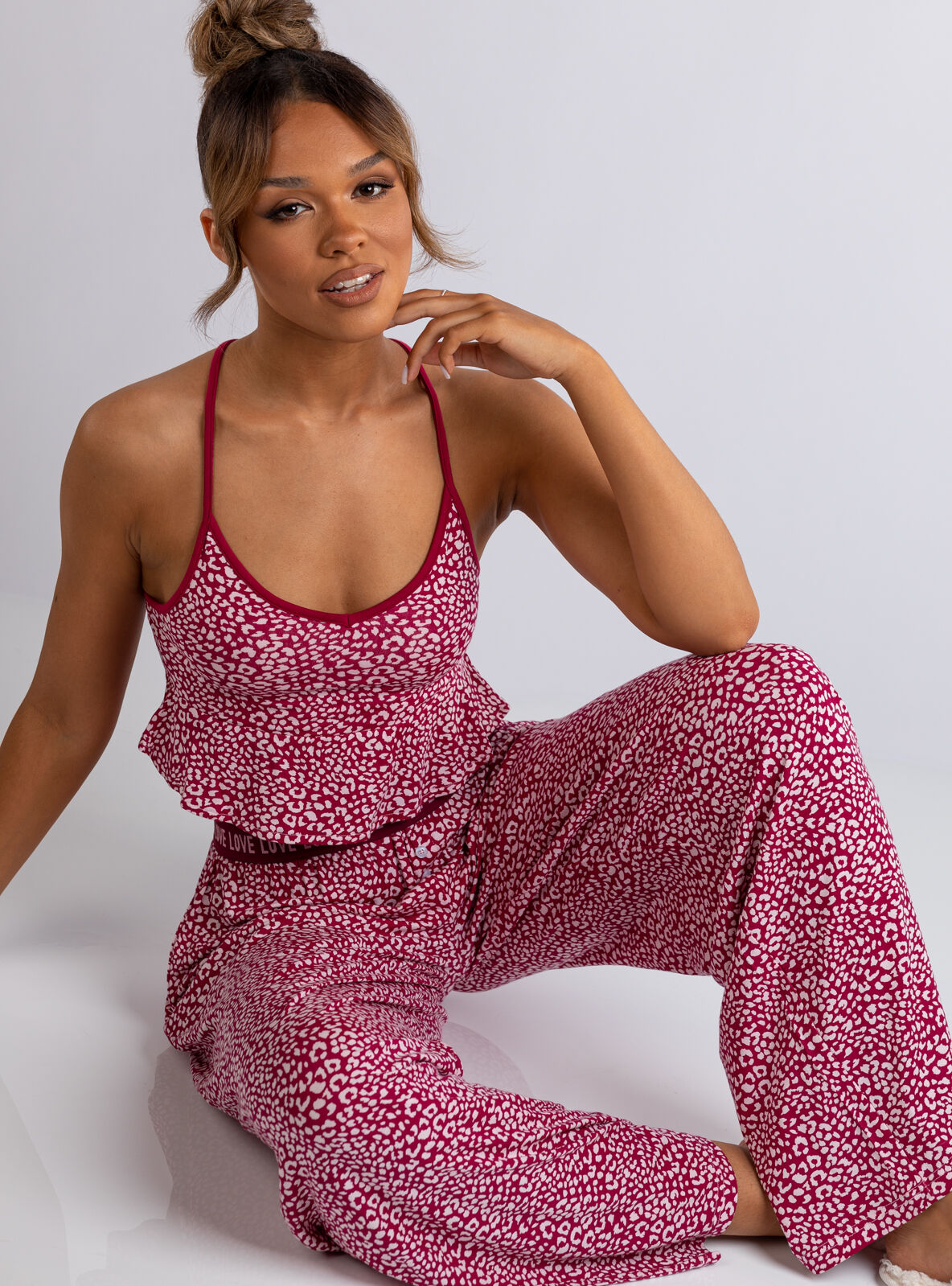Leopard print frill bralette & pant | Claret | Boux Avenue USA