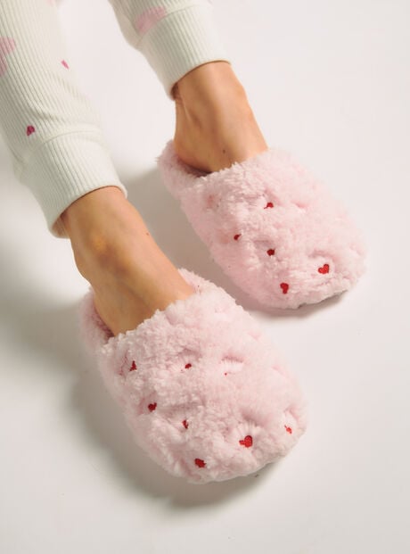 Teddy heart embroidered mule slippers